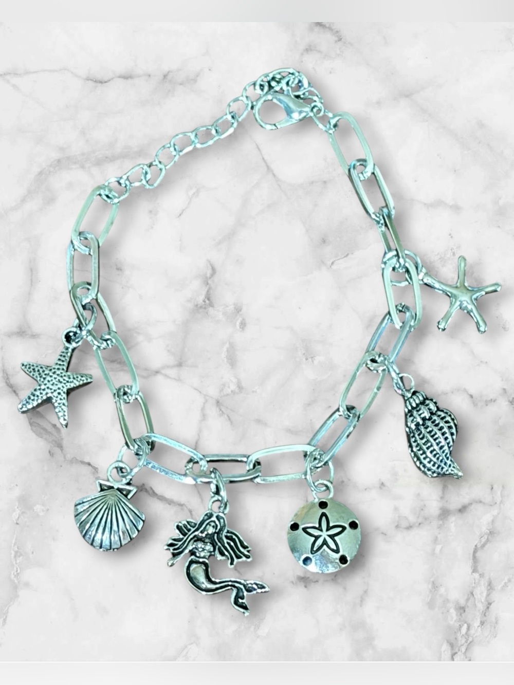 Silver Beach Charm Bracelet with Mermaid and Seashells